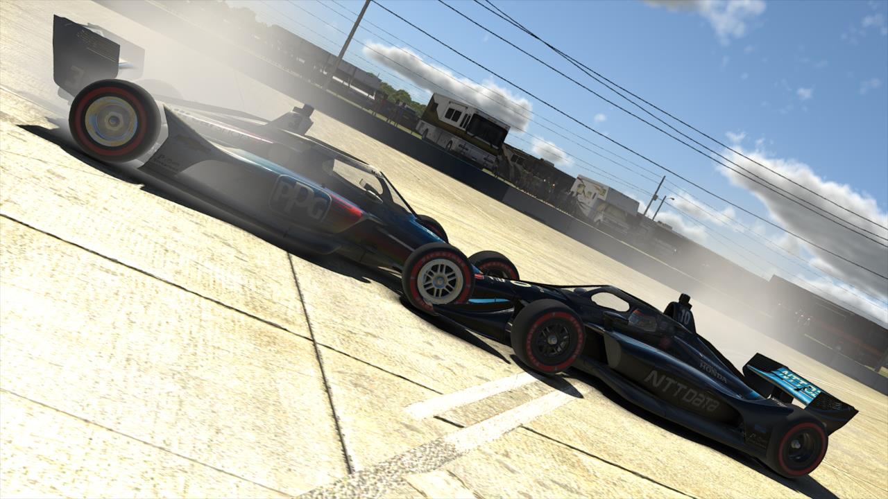 Scott McLaughlin and Alex Palou pair up for some post-race donuts following their 1-2 finish in Race 3 of the INDYCAR iRacing Challenge Season 2 at the virtual Sebring International Raceway -- Photo by:  Photo Courtesy of iRacing